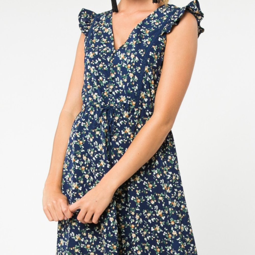 Navy Blue Floral Fit and Flare Dress - Picture 4 of 4